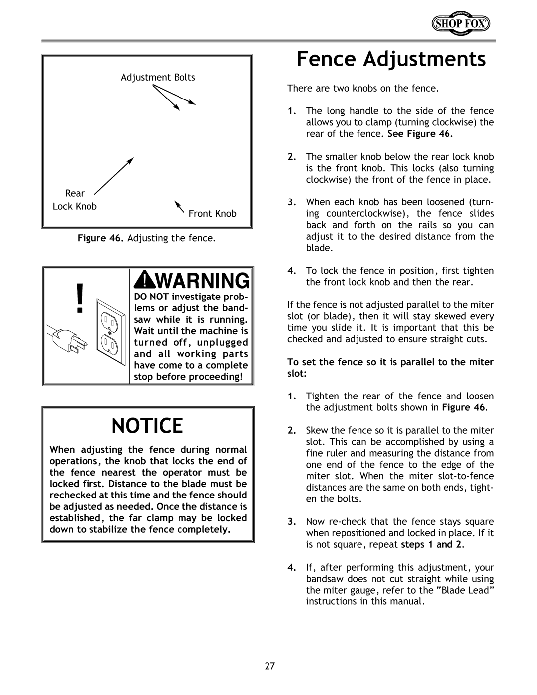 Woodstock W1672 instruction manual Fence Adjustments, To set the fence so it is parallel to the miter slot 