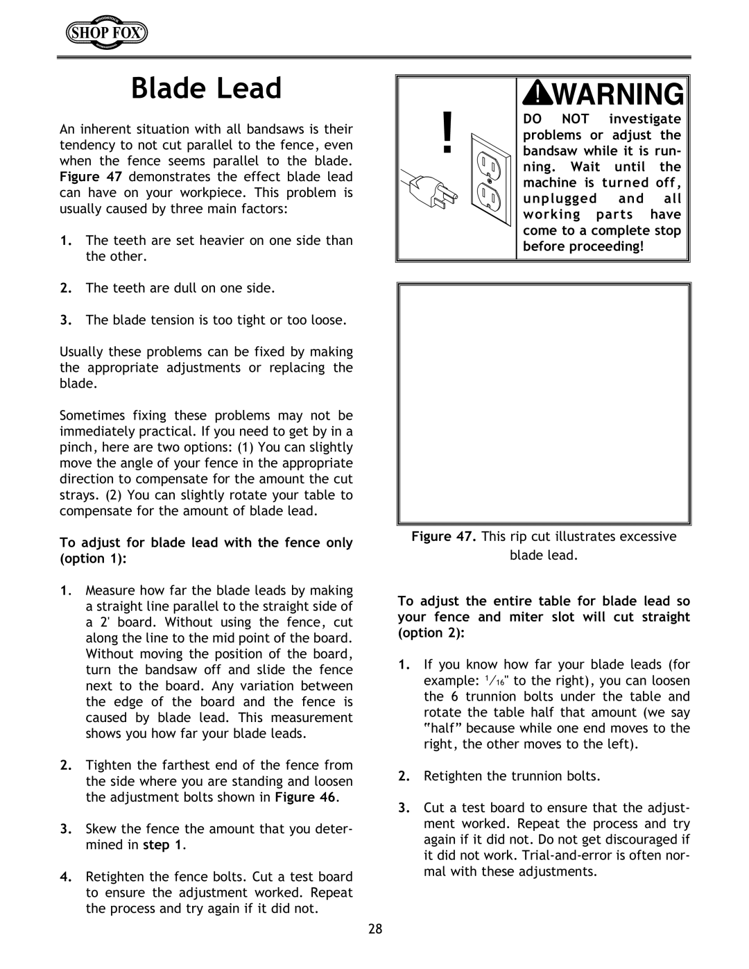 Woodstock W1672 instruction manual Blade Lead, To adjust for blade lead with the fence only option 