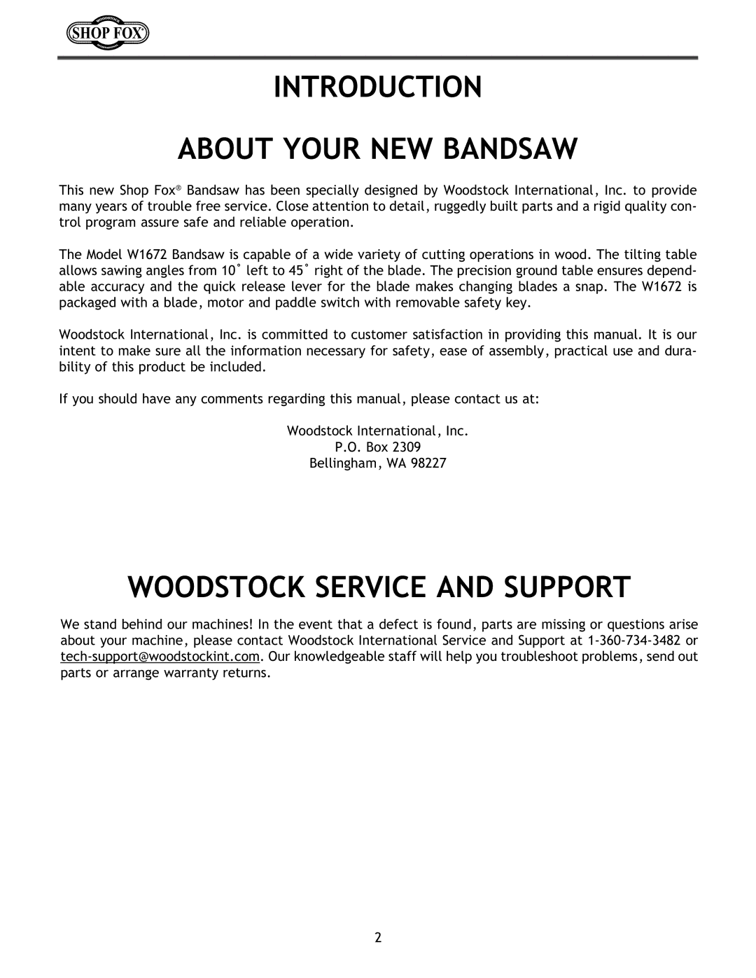 Woodstock W1672 instruction manual Introduction About Your NEW Bandsaw, Woodstock Service and Support 