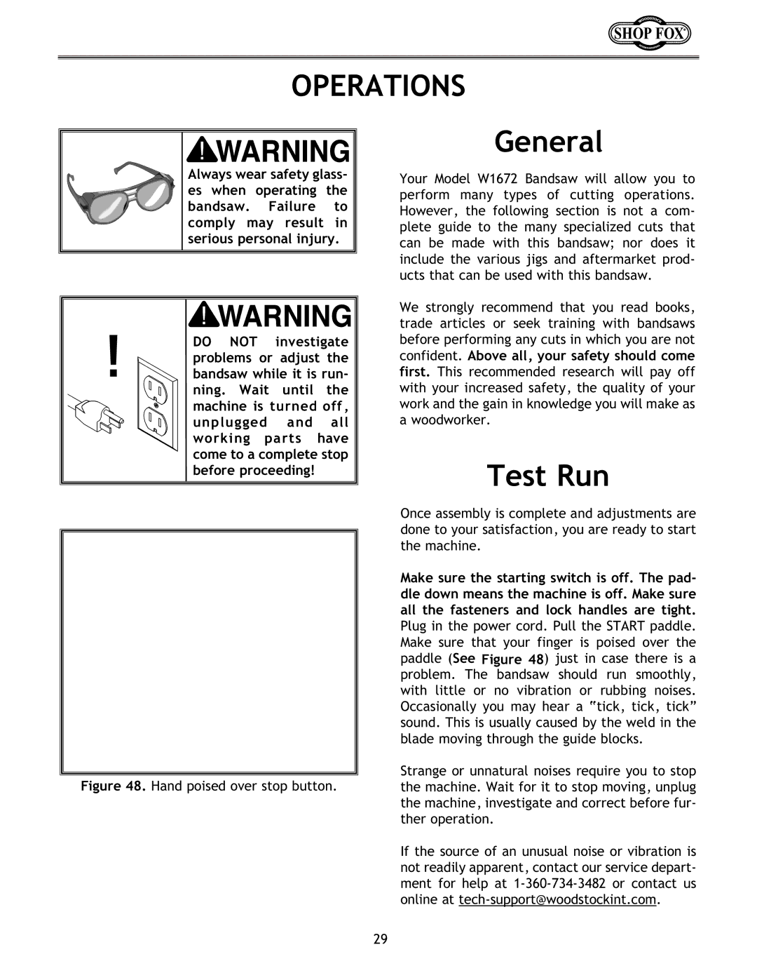 Woodstock W1672 instruction manual Operations, General, Test Run 