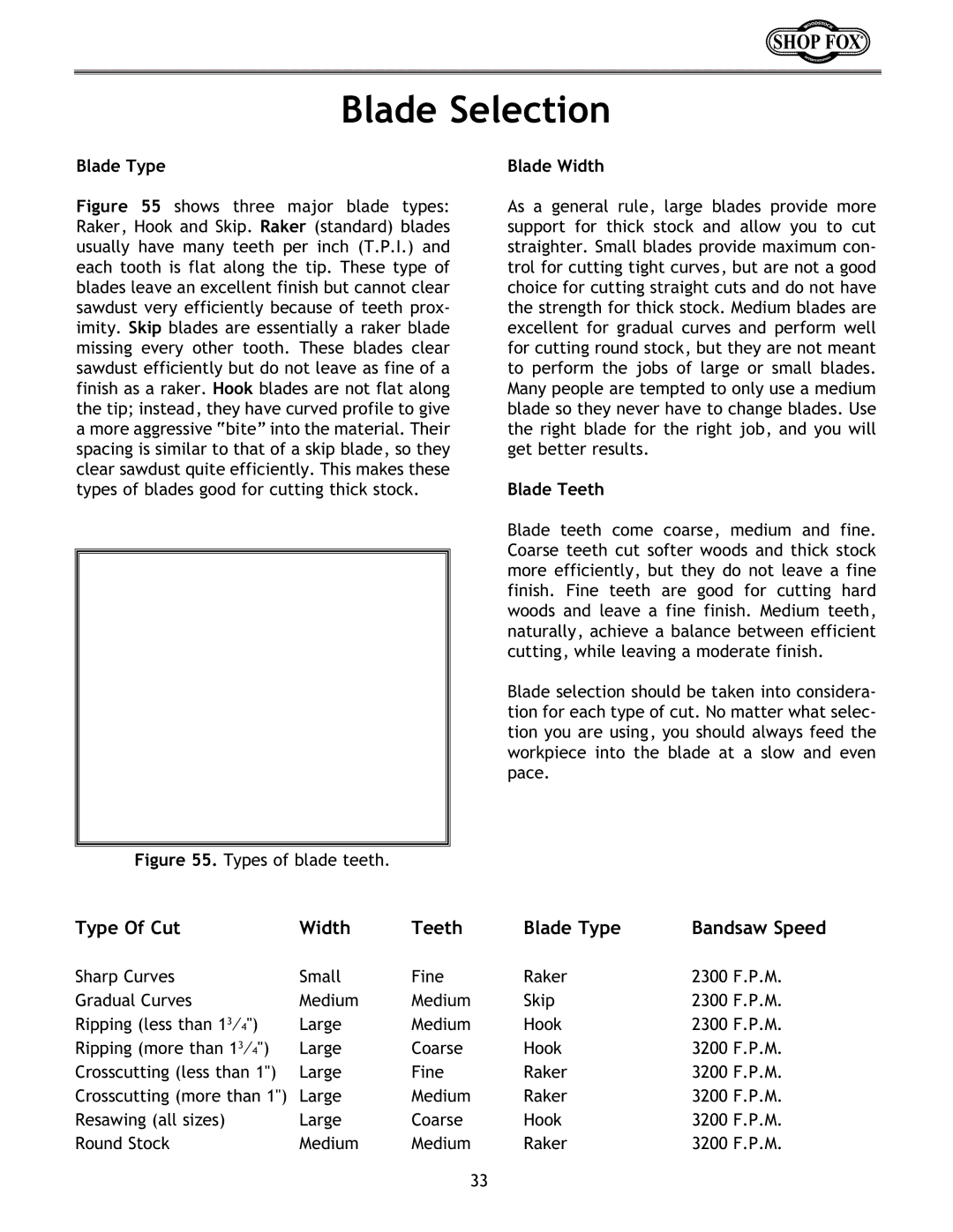 Woodstock W1672 instruction manual Blade Selection, Blade Type, Blade Width, Blade Teeth, Bandsaw Speed 