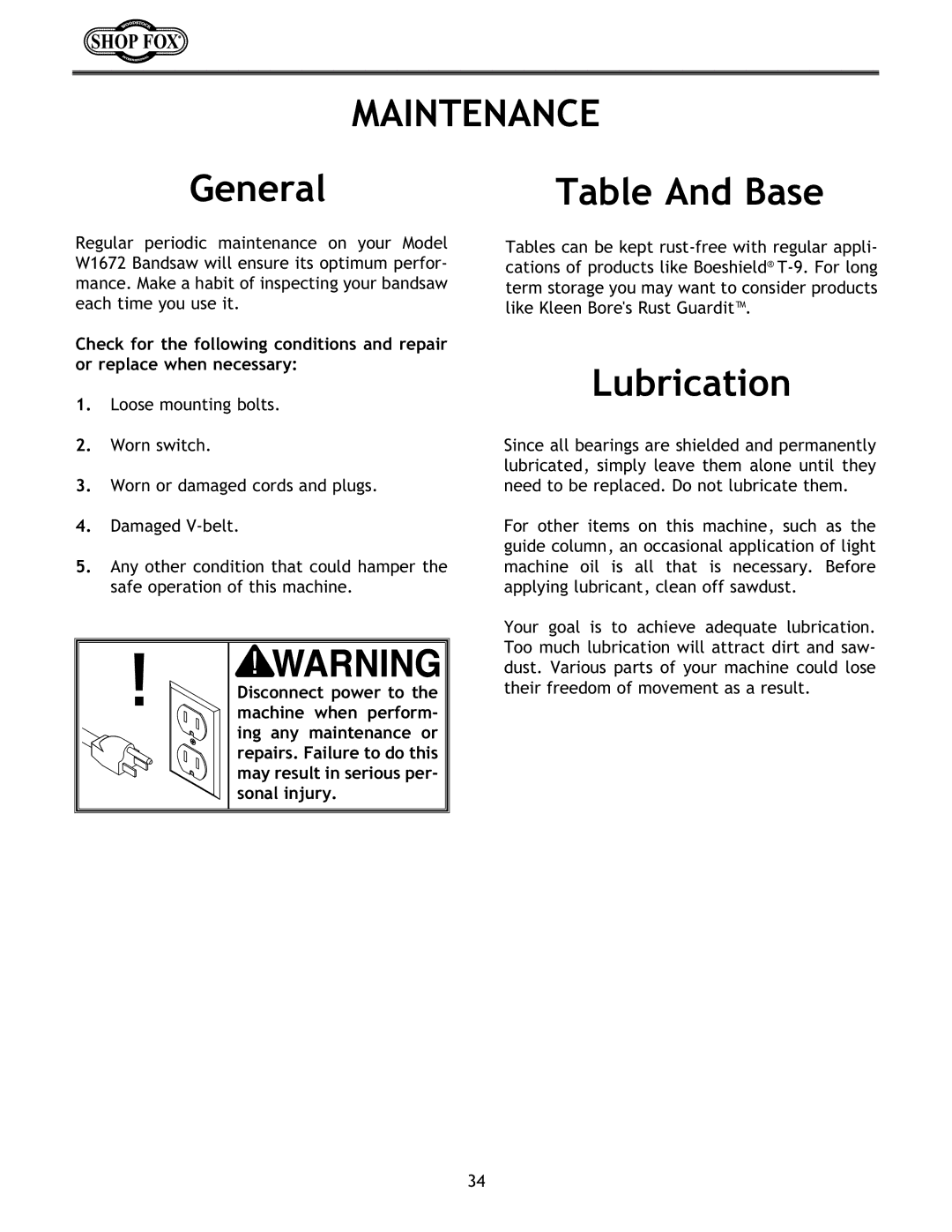 Woodstock W1672 instruction manual Maintenance, Lubrication 