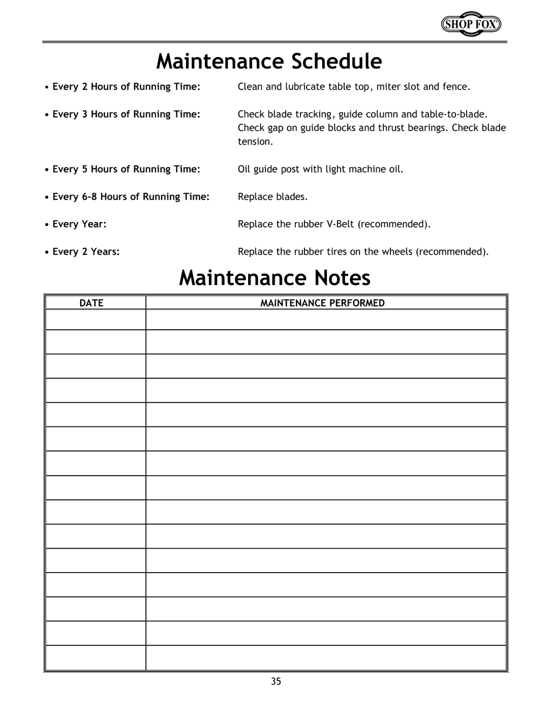 Woodstock W1672 instruction manual Maintenance Schedule, Maintenance Notes 