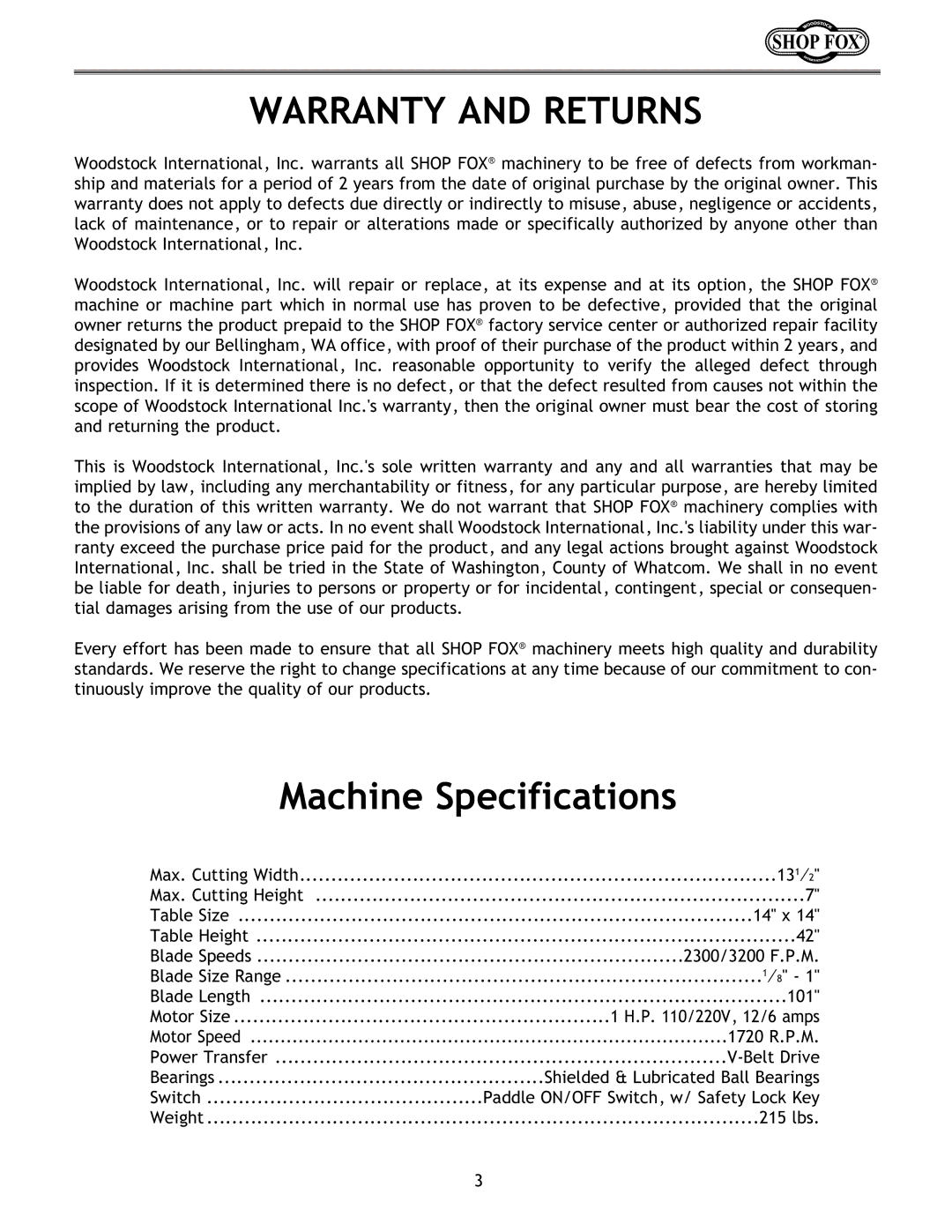 Woodstock W1672 instruction manual Warranty and Returns, Machine Specifications 