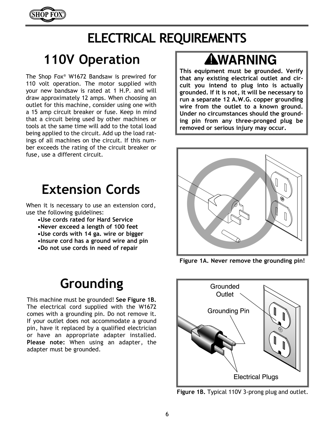 Woodstock W1672 instruction manual Electrical Requirements, 110V Operation, Extension Cords, Grounding 