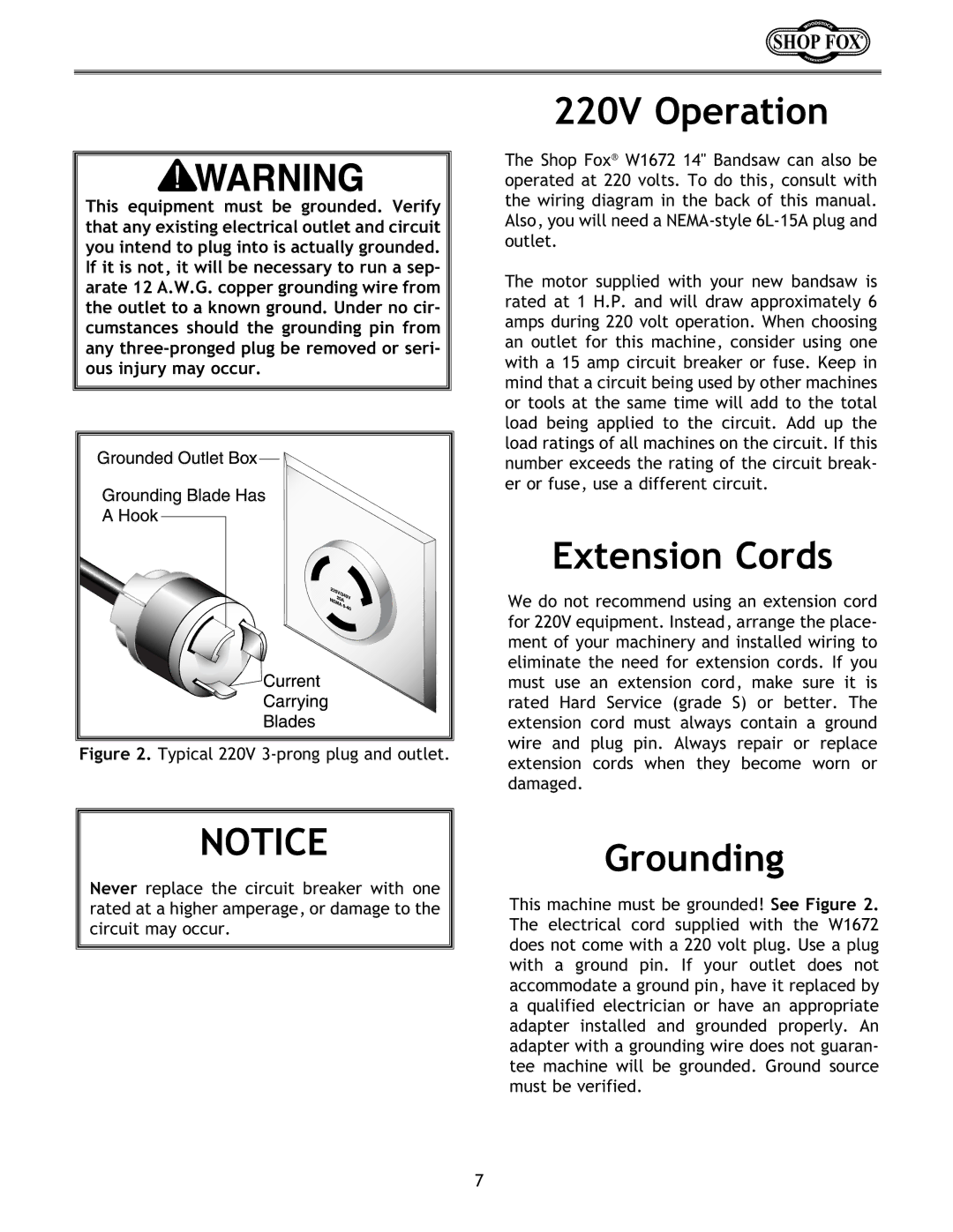 Woodstock W1672 instruction manual 220V Operation, Typical 220V 3-prong plug and outlet 