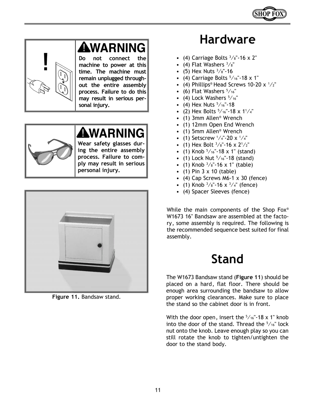 Woodstock W1673 instruction manual Hardware, Stand 