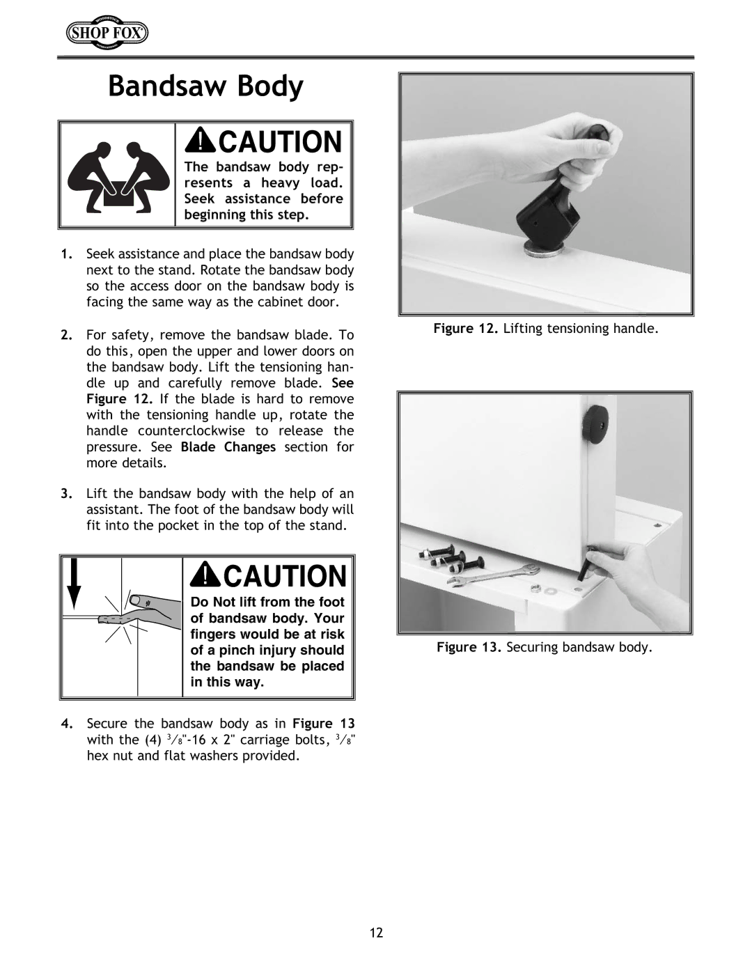 Woodstock W1673 instruction manual Bandsaw Body, Lifting tensioning handle 