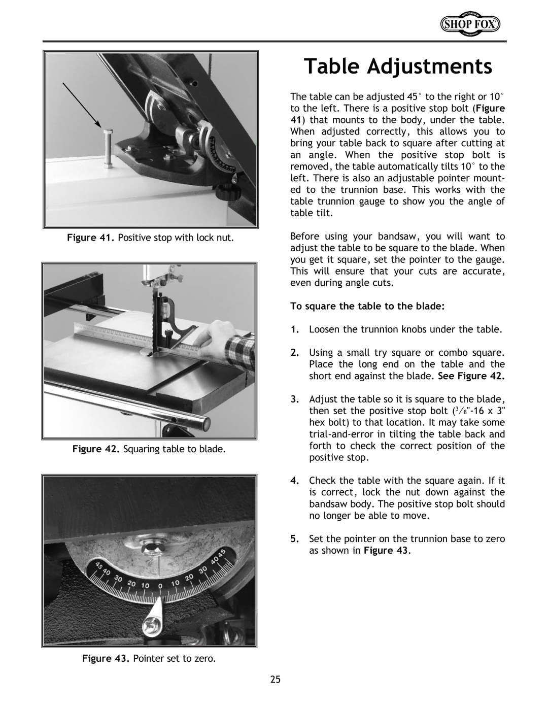 Woodstock W1673 instruction manual Table Adjustments, To square the table to the blade 