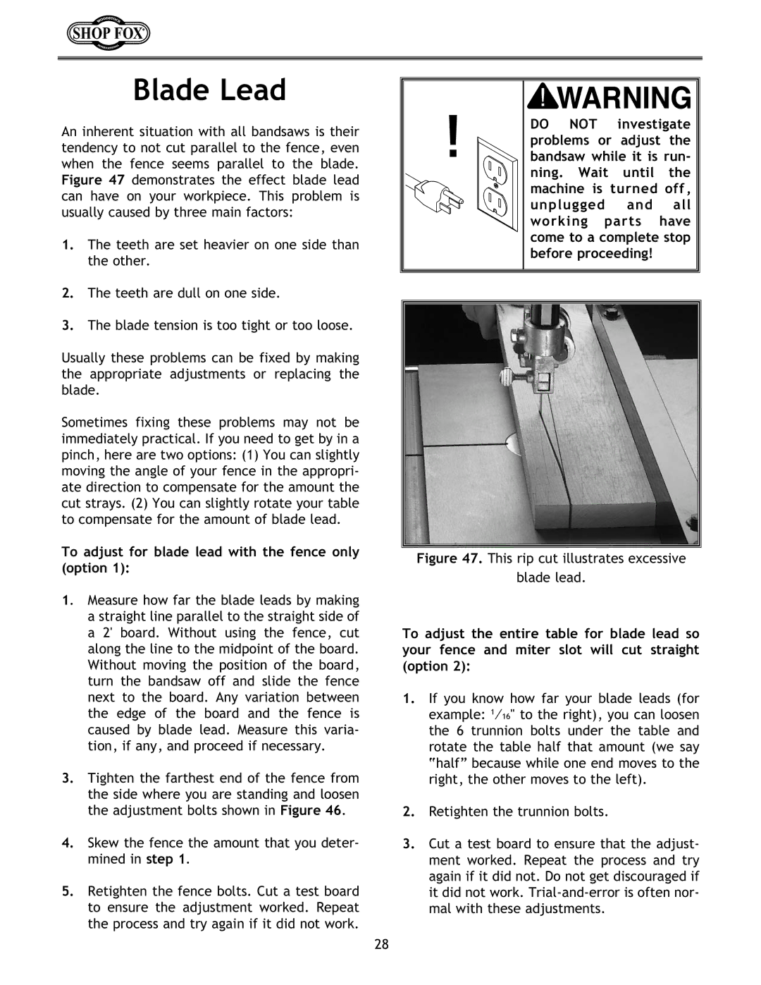 Woodstock W1673 instruction manual Blade Lead, To adjust for blade lead with the fence only option 