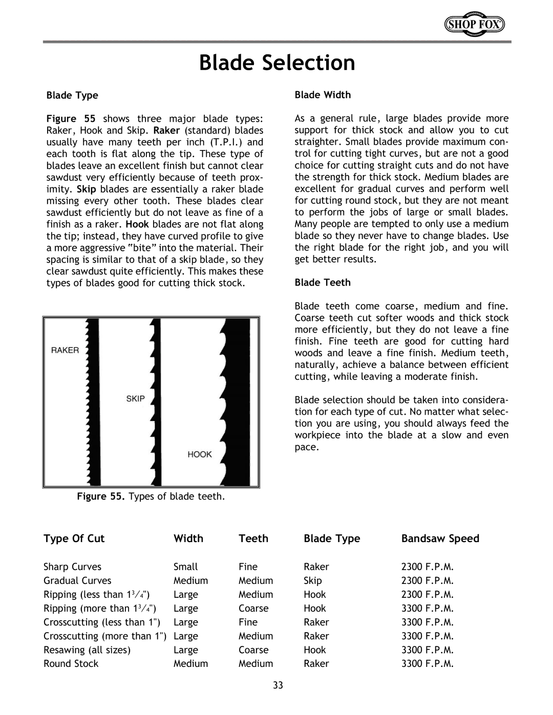 Woodstock W1673 instruction manual Blade Selection, Blade Type, Blade Width, Blade Teeth, Bandsaw Speed 