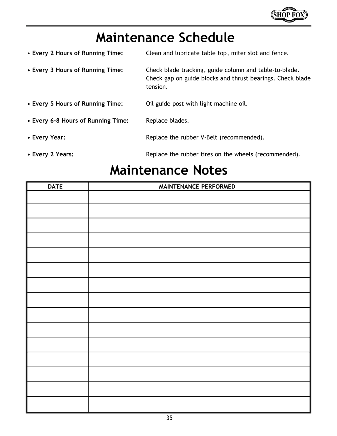 Woodstock W1673 instruction manual Maintenance Schedule, Maintenance Notes 