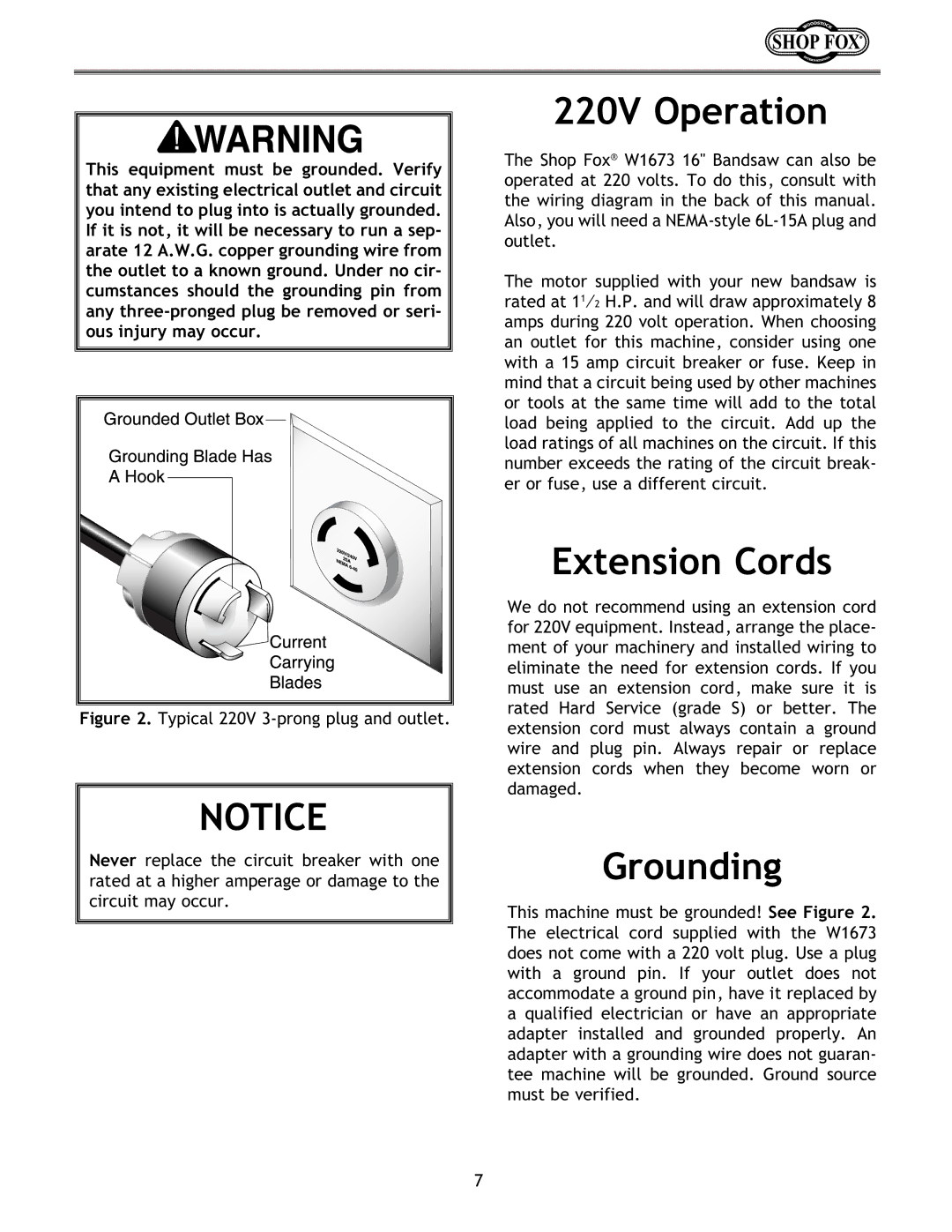 Woodstock W1673 instruction manual 220V Operation 