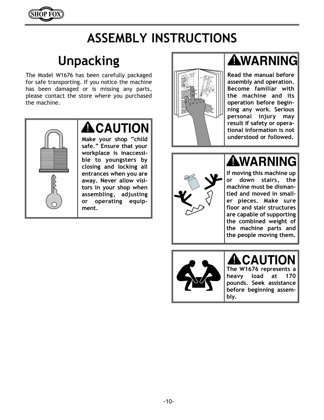 Woodstock W1676 instruction manual Assembly Instructions, Unpacking 