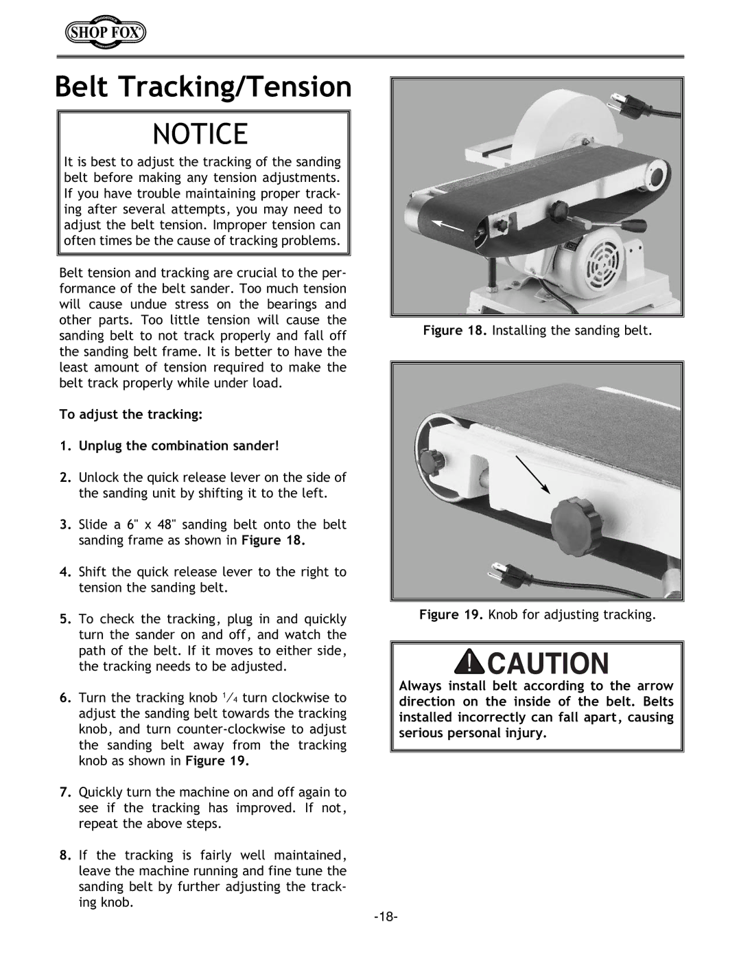 Woodstock W1676 instruction manual Belt Tracking/Tension, To adjust the tracking Unplug the combination sander 