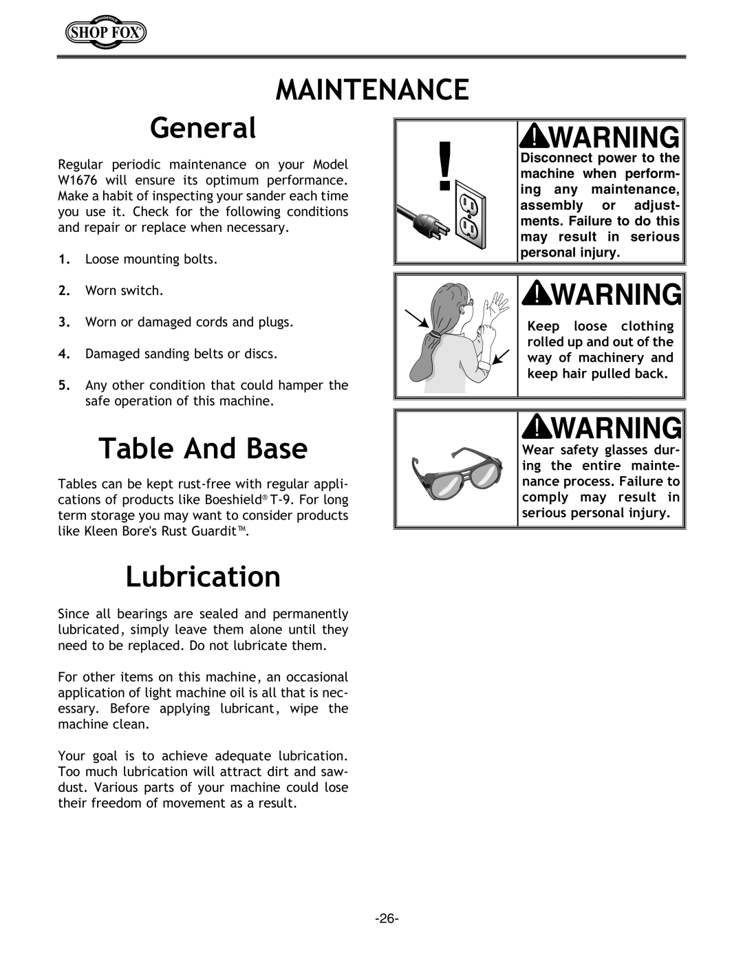 Woodstock W1676 instruction manual Maintenance, Table And Base, Lubrication 