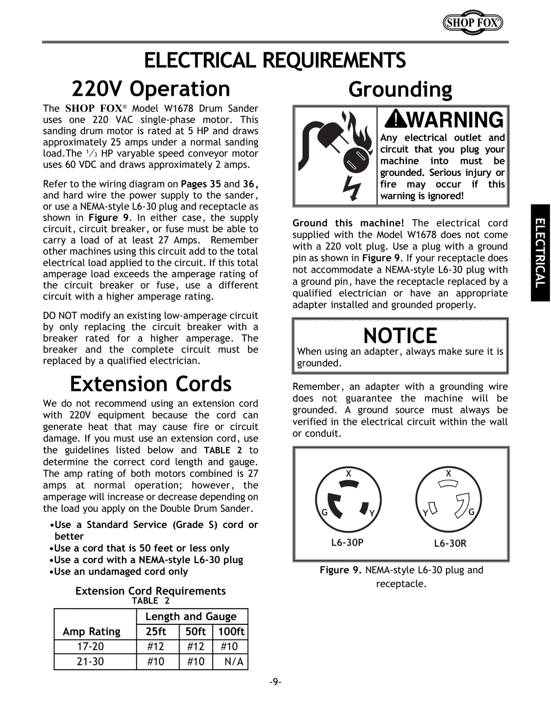 Woodstock W1678 instruction manual 220V Operation, Extension Cords, Grounding 