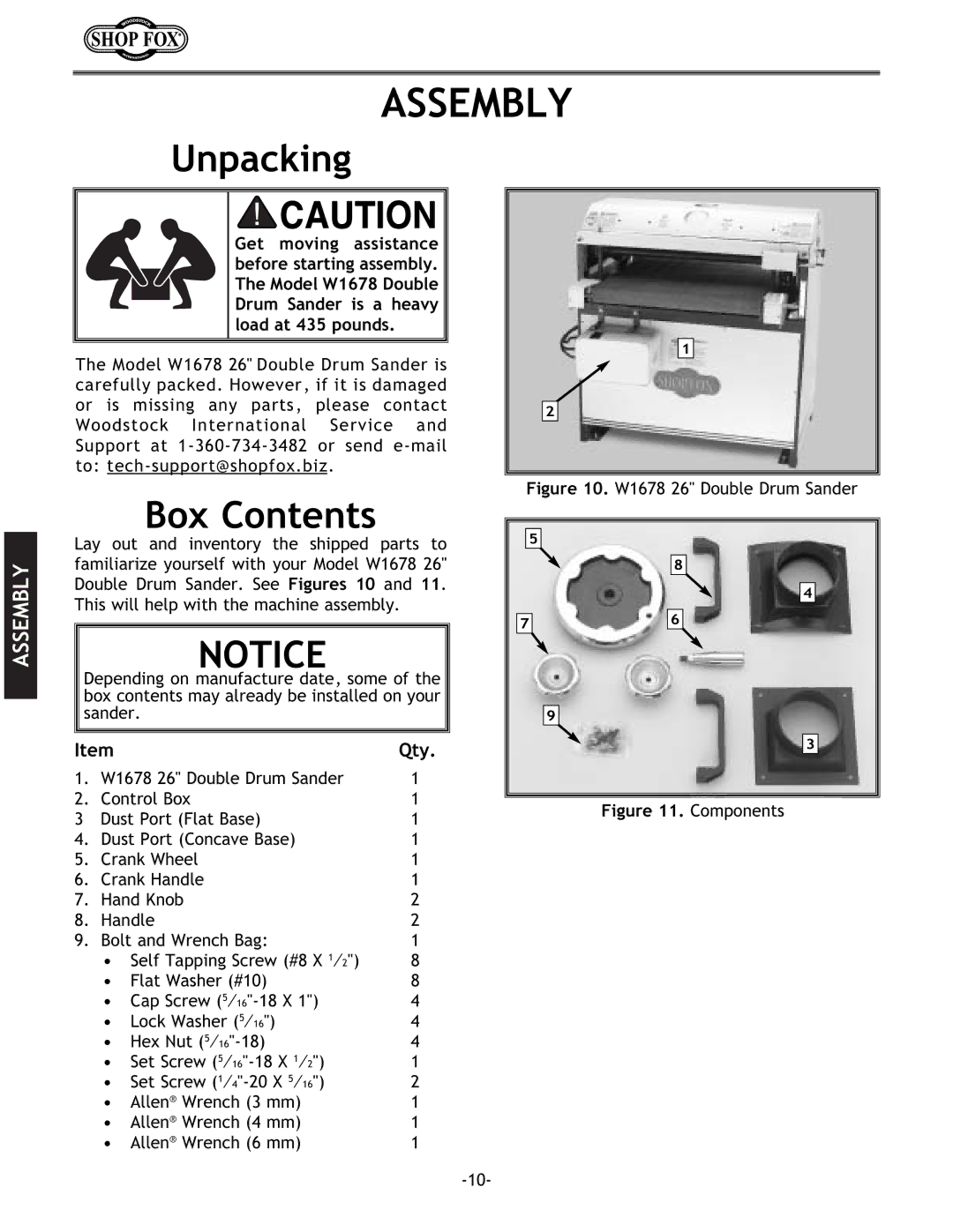 Woodstock W1678 instruction manual Assembly, Unpacking, Box Contents 