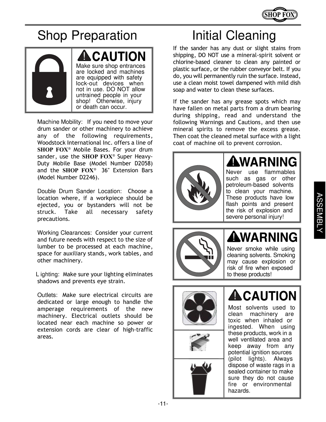 Woodstock W1678 instruction manual Shop Preparation Initial Cleaning 