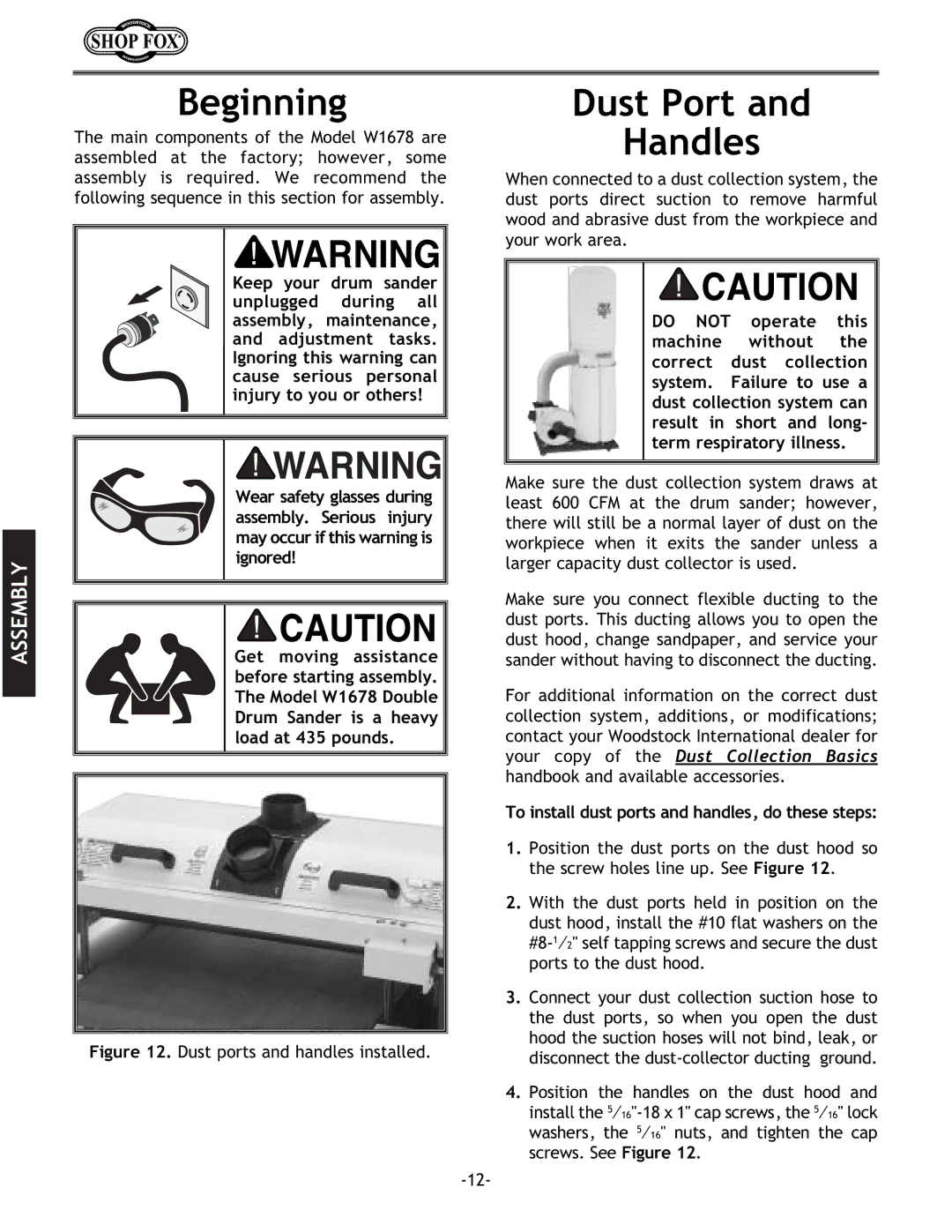 Woodstock W1678 instruction manual Beginning, Dust Port Handles, To install dust ports and handles, do these steps 