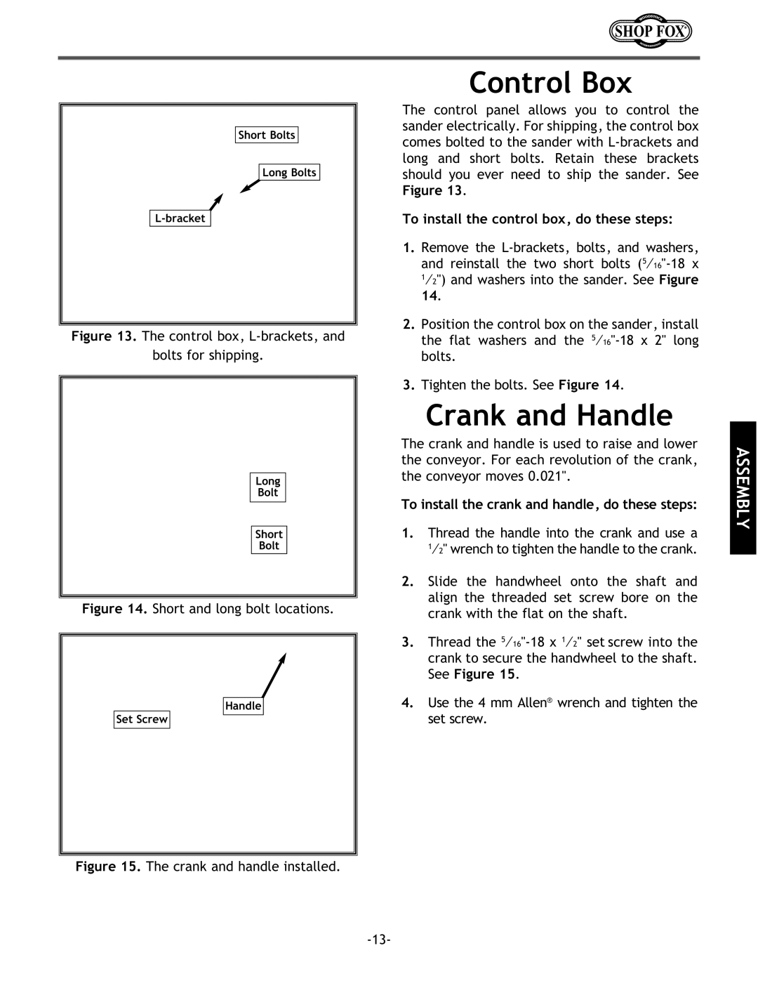 Woodstock W1678 instruction manual Control Box, Crank and Handle, To install the control box, do these steps 