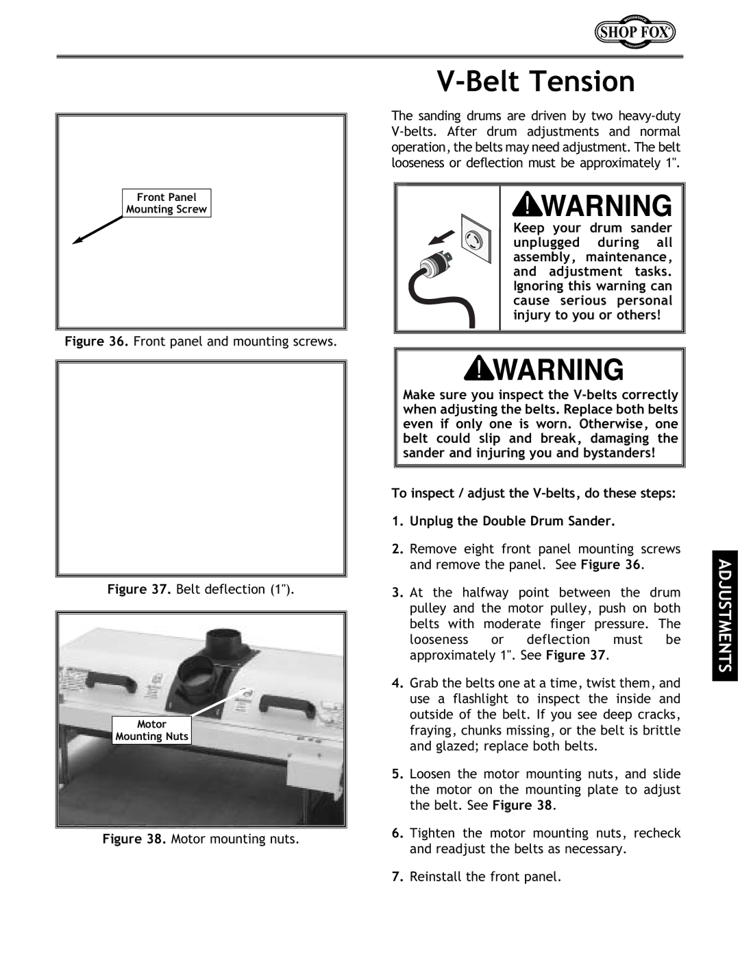 Woodstock W1678 instruction manual Belt Tension, Front panel and mounting screws 