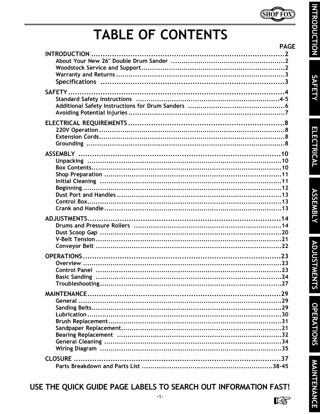 Woodstock W1678 instruction manual Table of Contents 