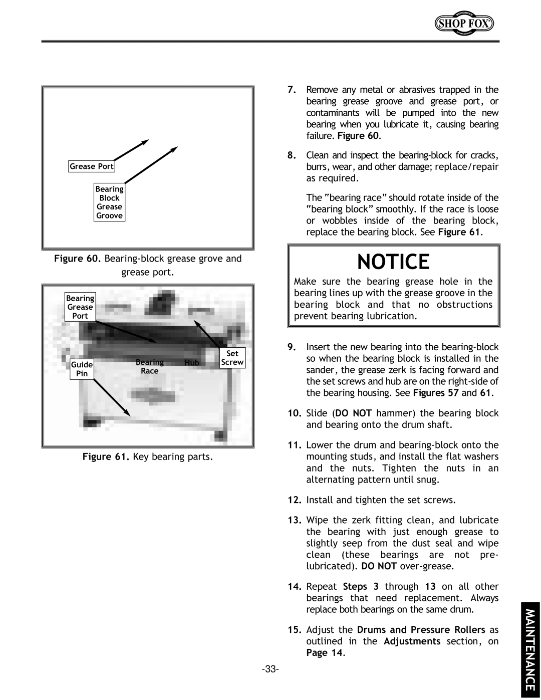 Woodstock W1678 instruction manual Bearing-block grease grove Grease port 