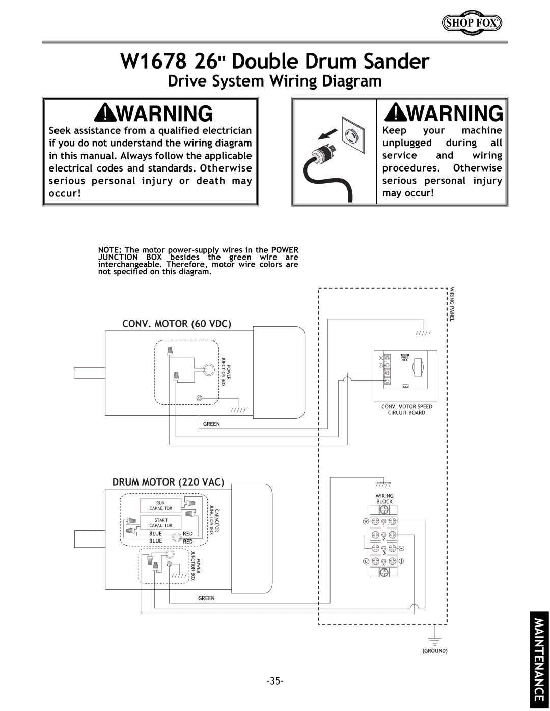 Woodstock instruction manual W1678 26 Double Drum Sander, Drive System Wiring Diagram 