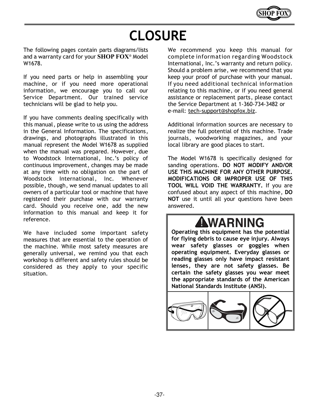 Woodstock W1678 instruction manual Closure 