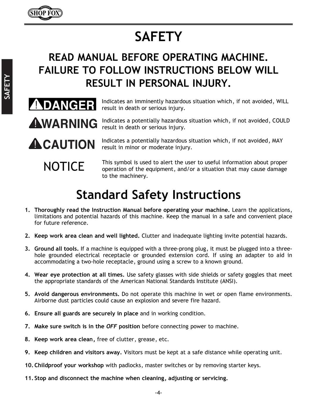 Woodstock W1678 instruction manual Standard Safety Instructions 