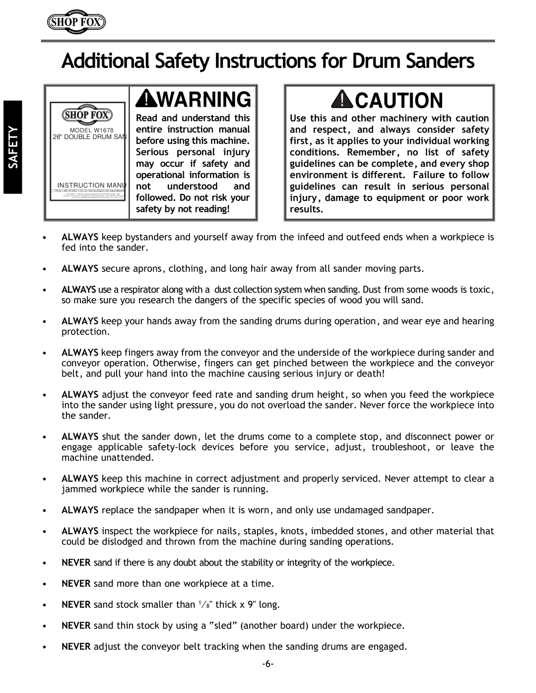 Woodstock instruction manual Additional Safety Instructions for Drum Sanders, Model W1678 