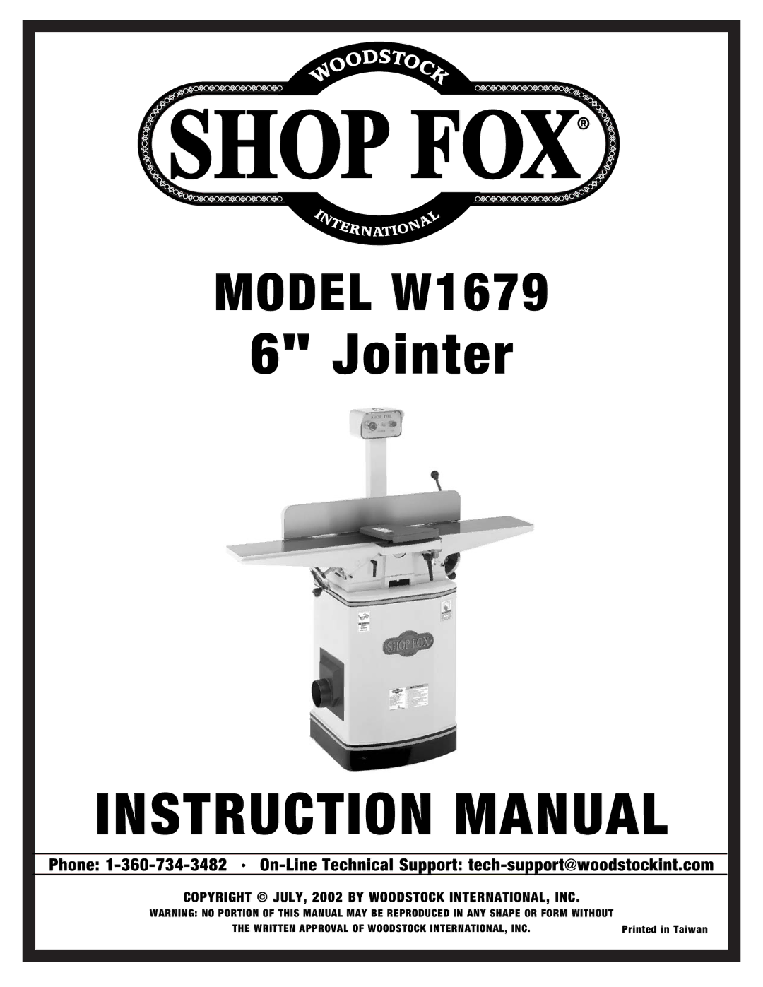 Woodstock W1679 instruction manual Jointer 