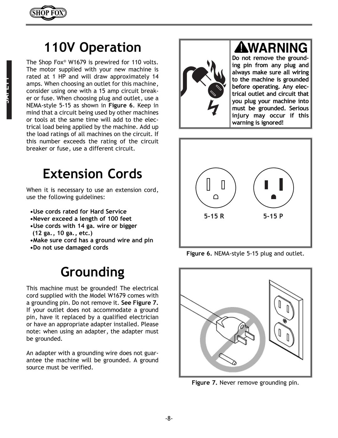 Woodstock W1679 instruction manual 110V Operation, Extension Cords, Grounding 