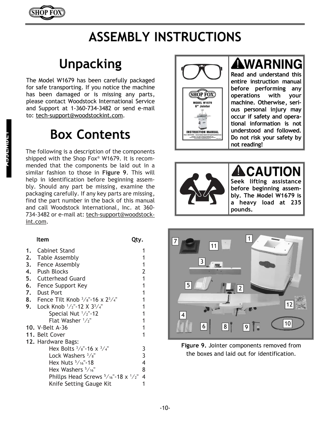 Woodstock W1679 instruction manual Assembly Instructions, Unpacking, Box Contents 