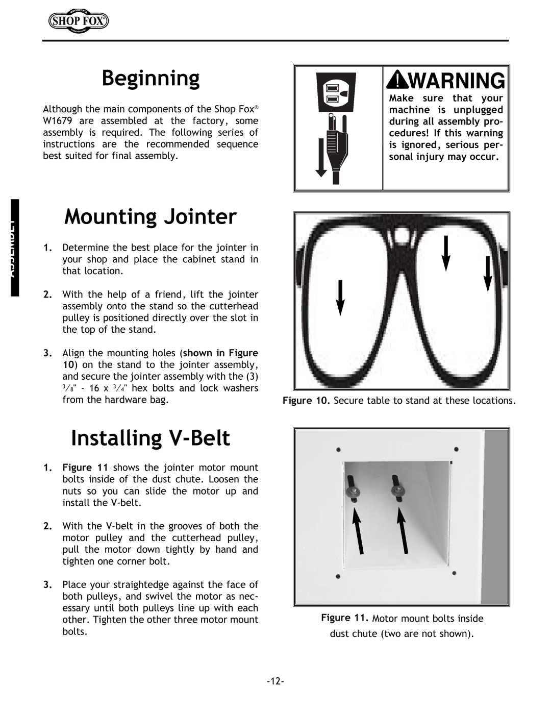 Woodstock W1679 instruction manual Beginning, Mounting Jointer, Installing V-Belt 