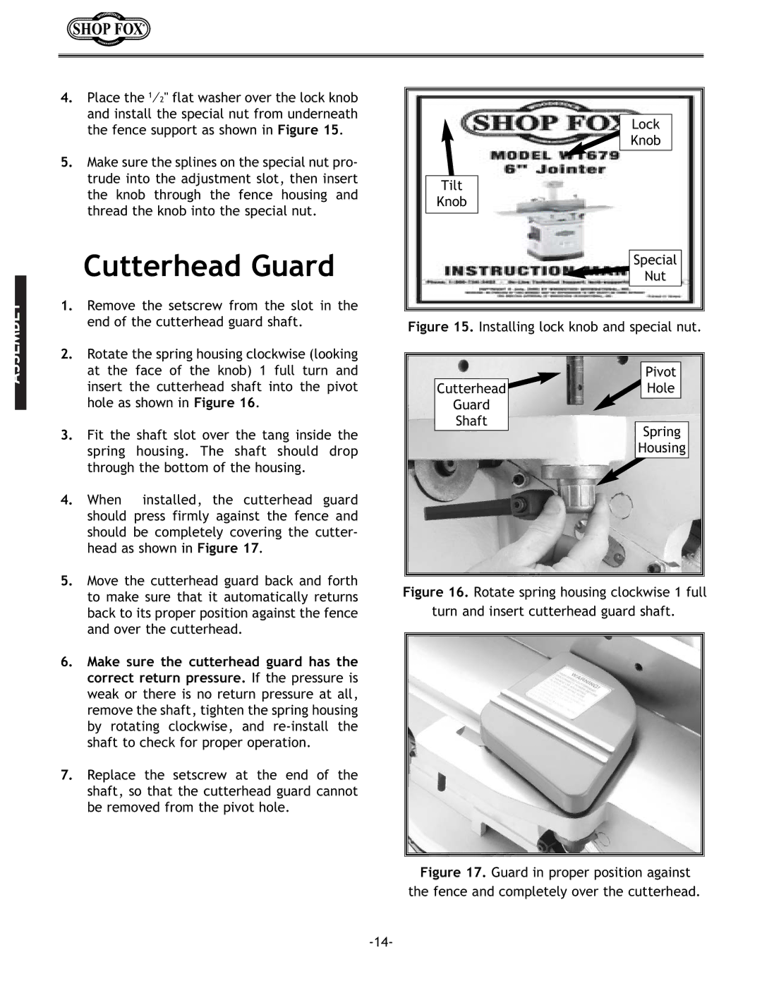 Woodstock W1679 instruction manual Cutterhead Guard, Installing lock knob and special nut Pivot 