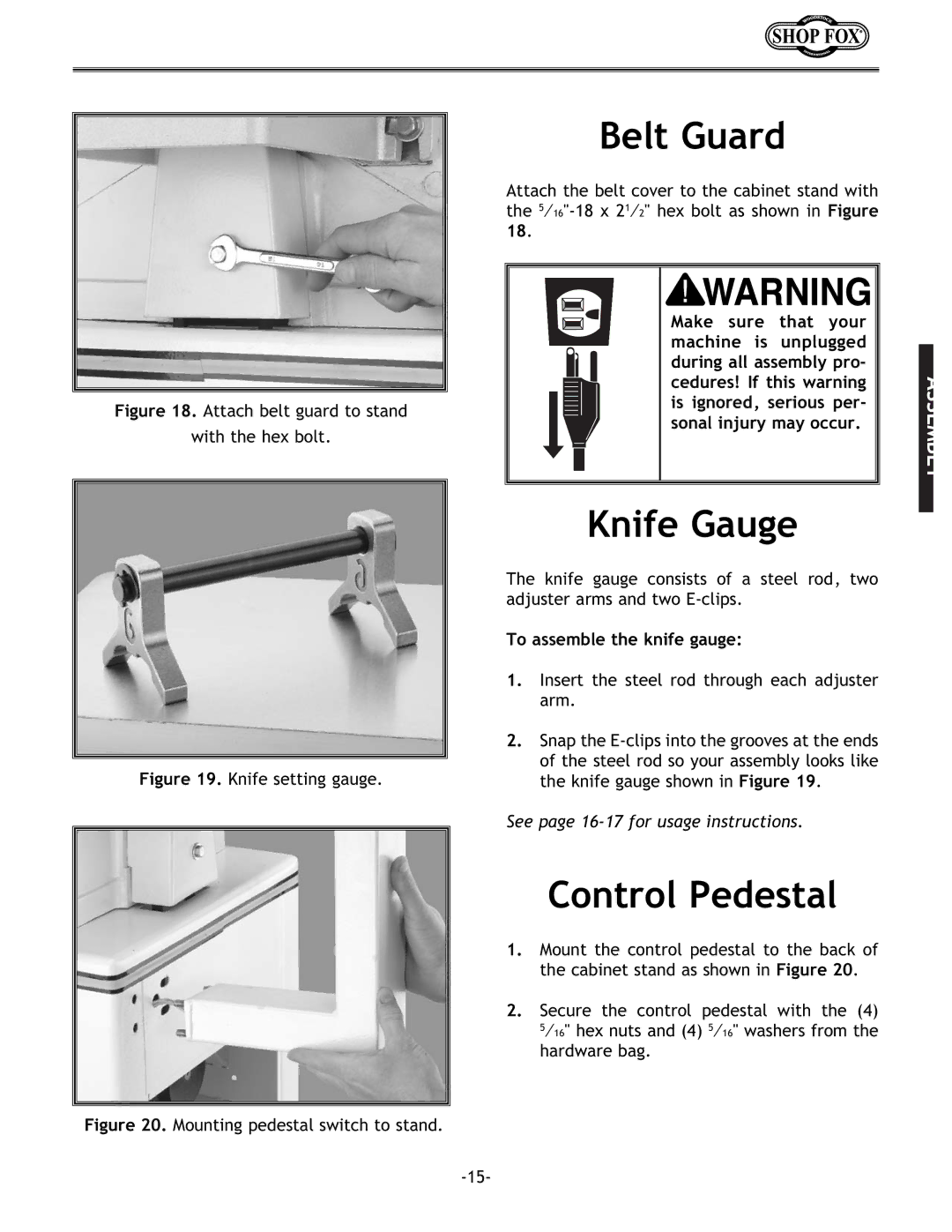 Woodstock W1679 instruction manual Belt Guard, Knife Gauge, Control Pedestal, To assemble the knife gauge 