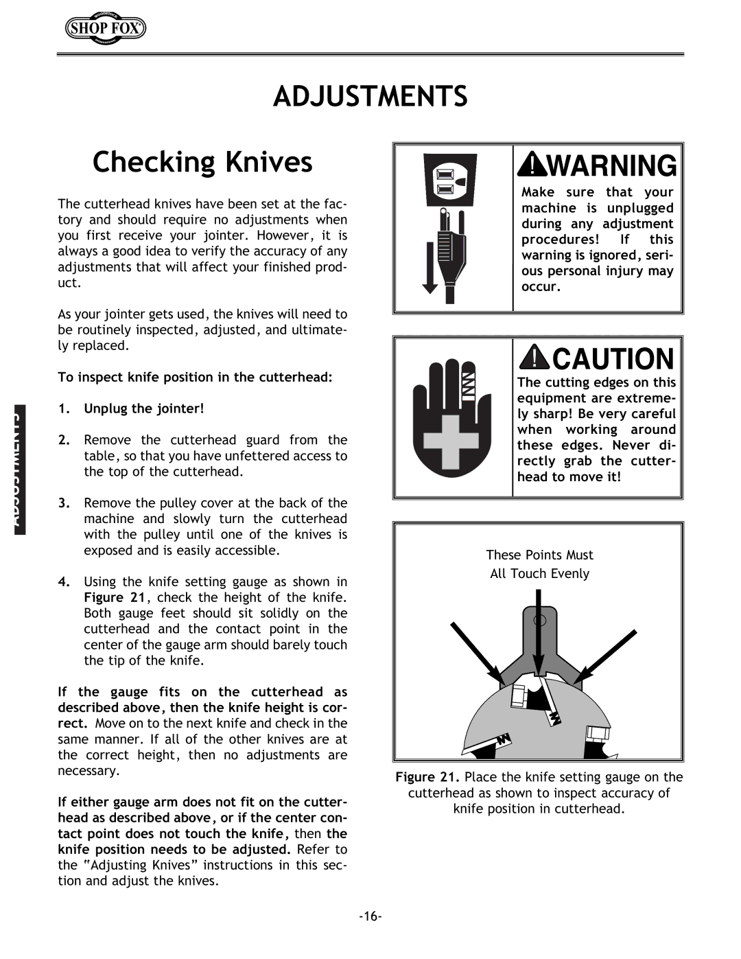 Woodstock W1679 instruction manual Adjustments, Checking Knives 