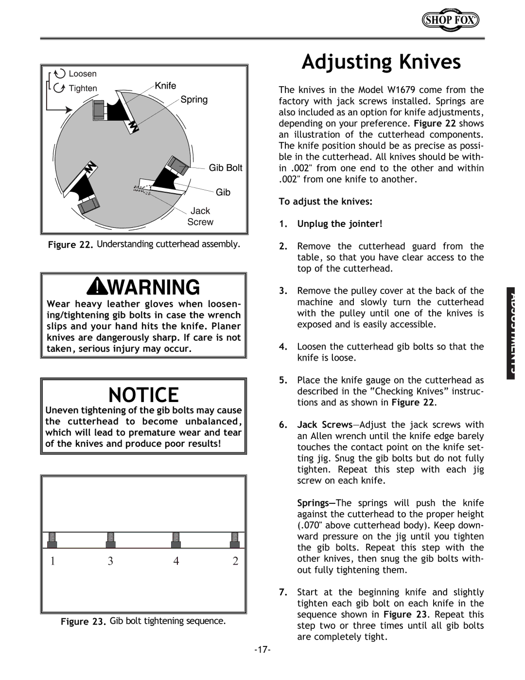 Woodstock W1679 instruction manual Adjusting Knives, To adjust the knives Unplug the jointer 