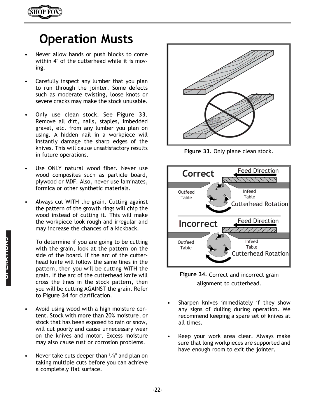 Woodstock W1679 instruction manual Operation Musts, Only plane clean stock 