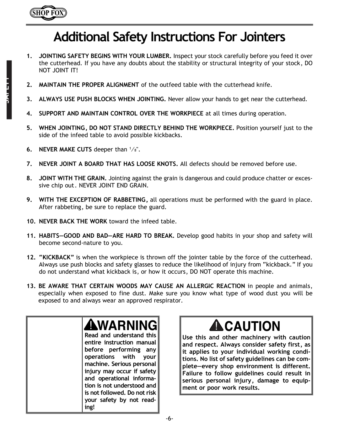 Woodstock W1679 instruction manual Additional Safety Instructions For Jointers 