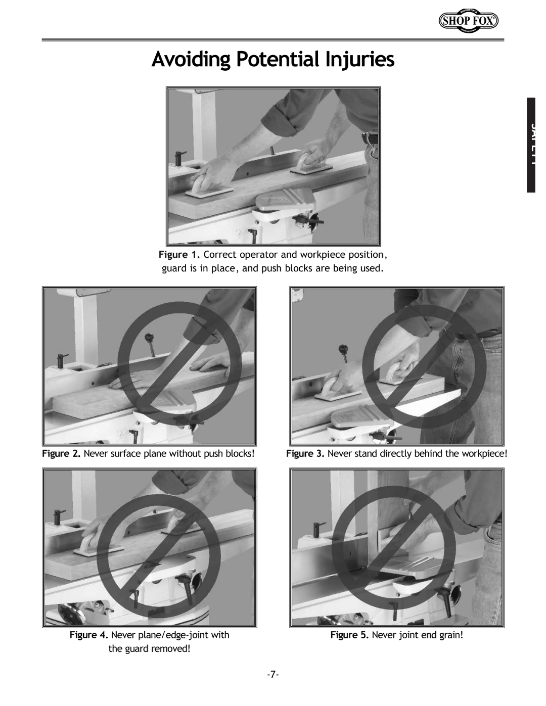 Woodstock W1679 instruction manual Avoiding Potential Injuries, Never surface plane without push blocks 