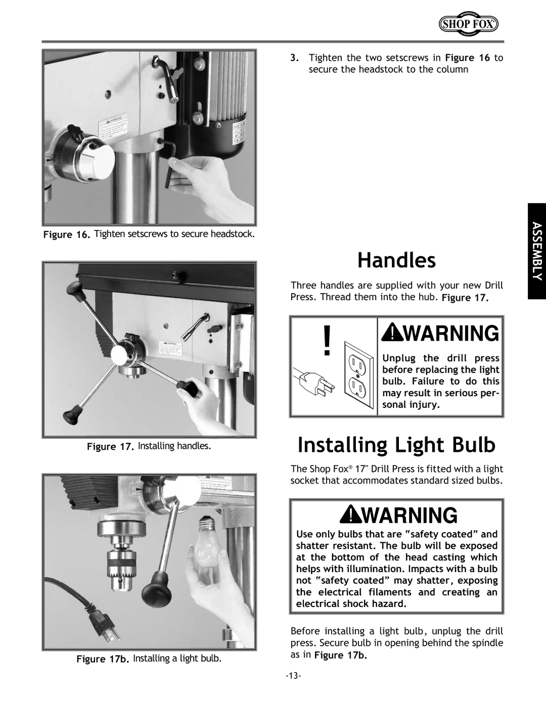 Woodstock W1680 instruction manual Handles, Installing Light Bulb 