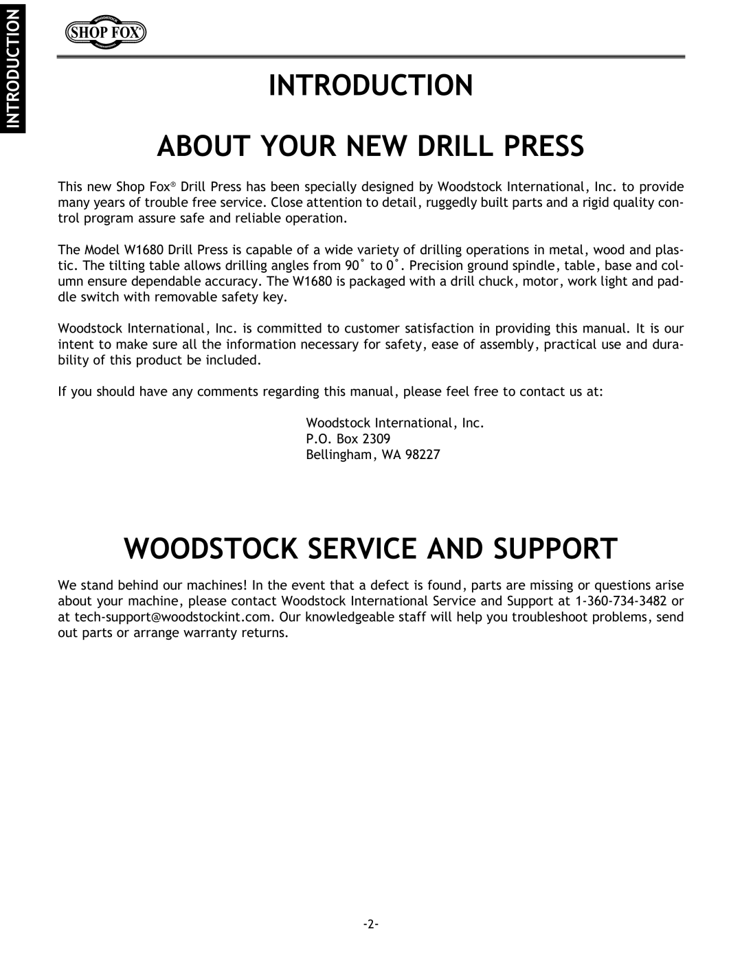 Woodstock W1680 instruction manual Introduction About Your NEW Drill Press, Woodstock Service and Support 