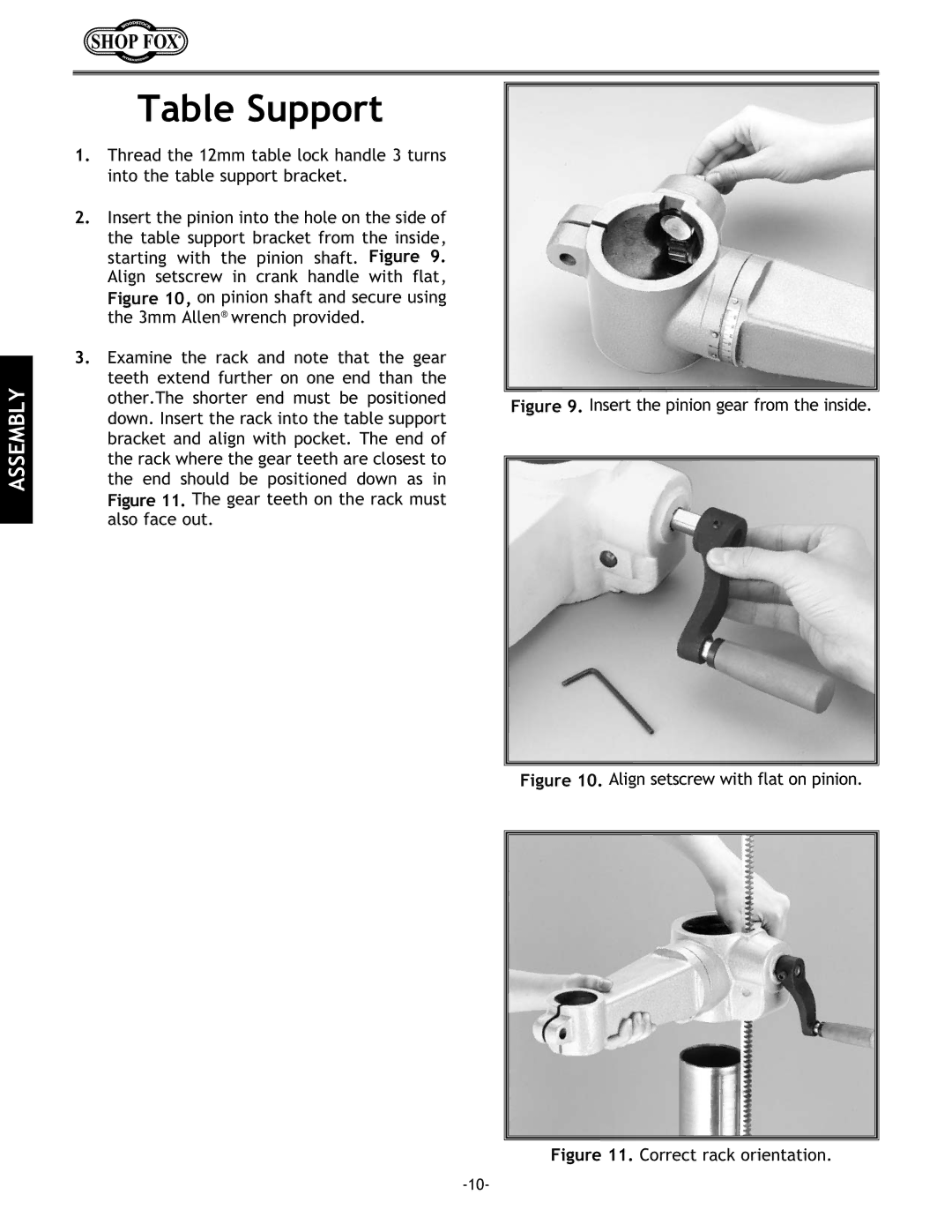 Woodstock W1680 instruction manual Table Support, Insert the pinion gear from the inside 