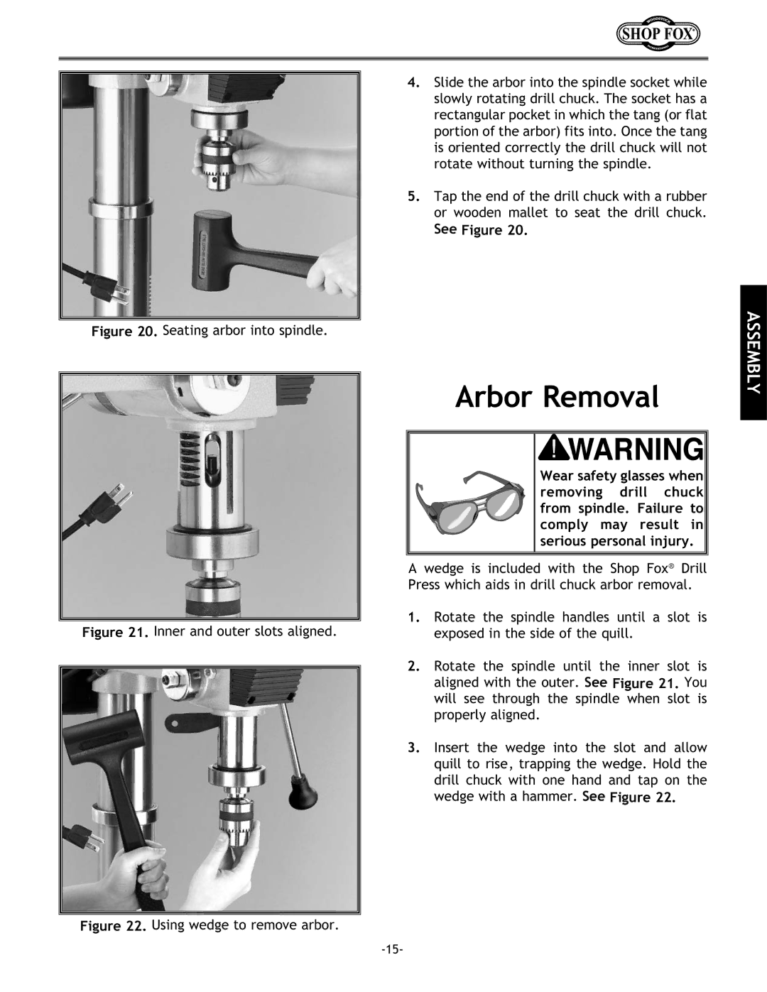 Woodstock W1680 instruction manual Arbor Removal, Seating arbor into spindle 