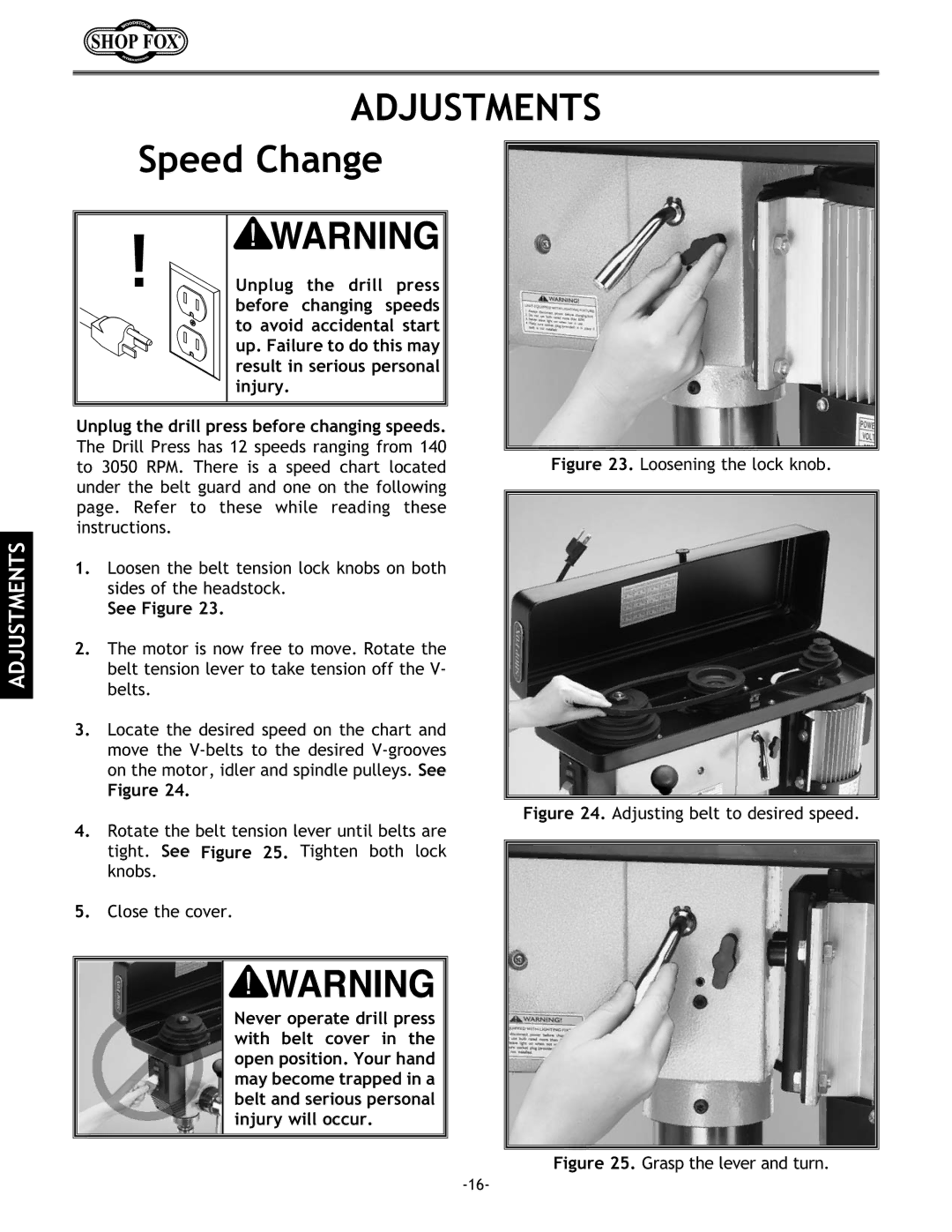 Woodstock W1680 instruction manual Adjustments, Speed Change 