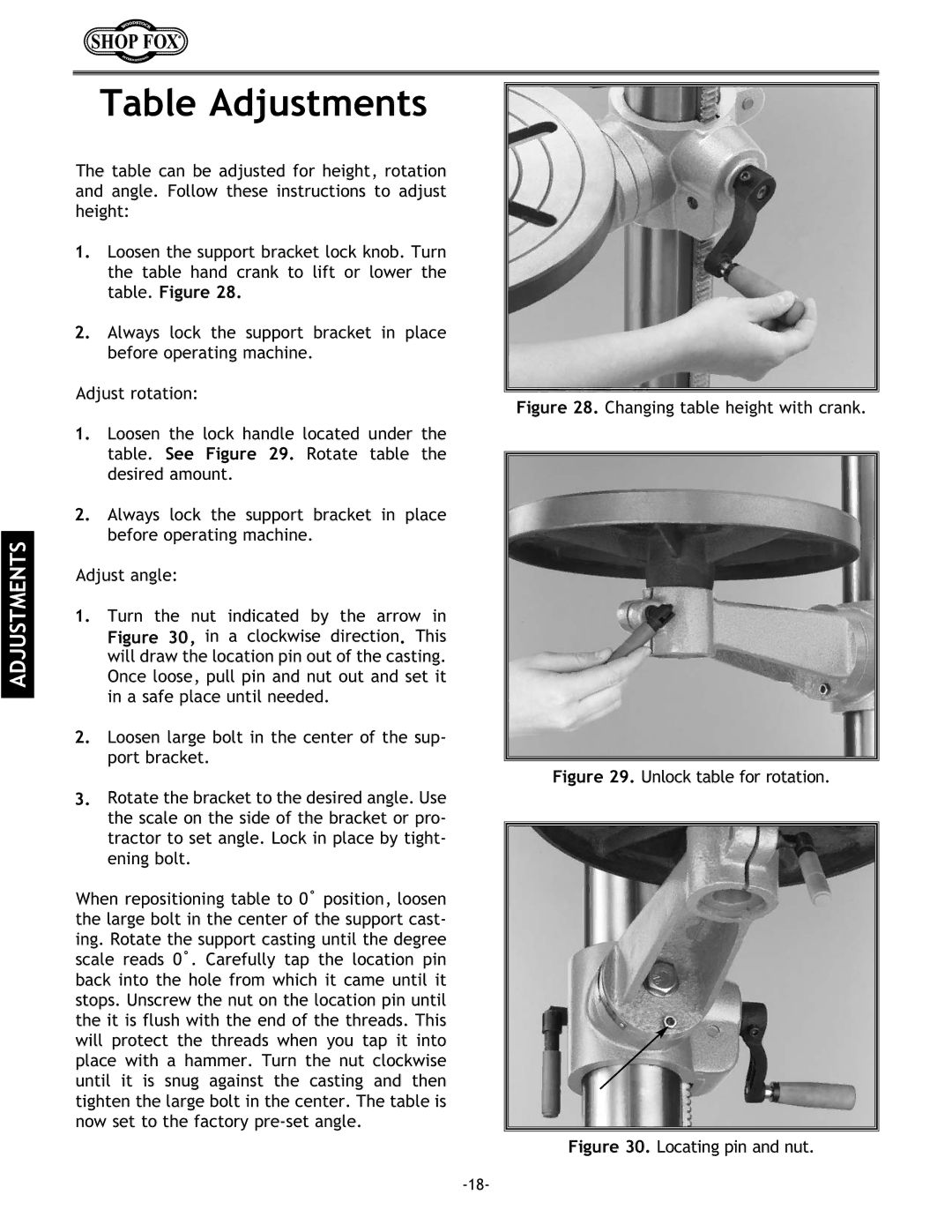 Woodstock W1680 instruction manual Table Adjustments, Changing table height with crank 