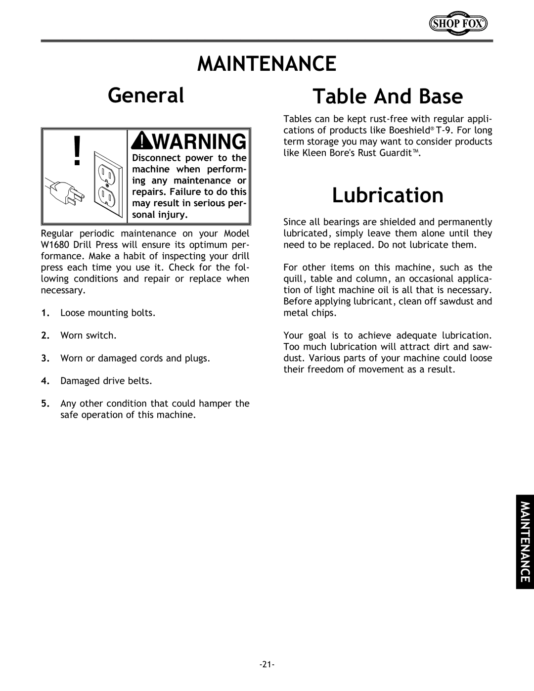 Woodstock W1680 instruction manual Maintenance, General Table And Base, Lubrication 